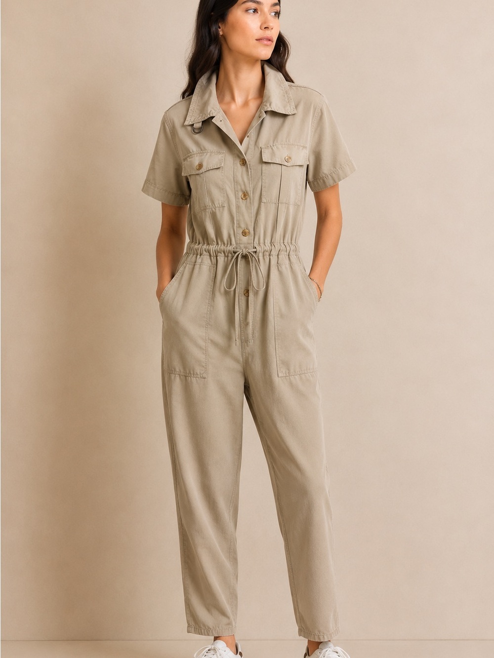 Banana Republic 100% TENCEL Lyocell Utility Jumpsuit Khaki Beige Small